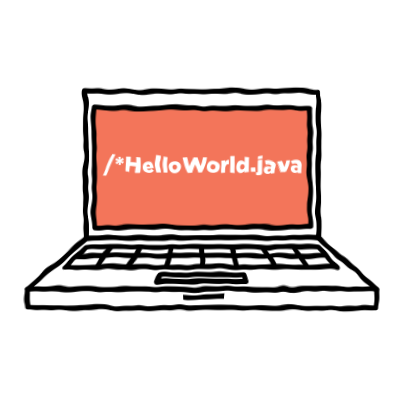 an open laptop displaying the text HelloWorld.java